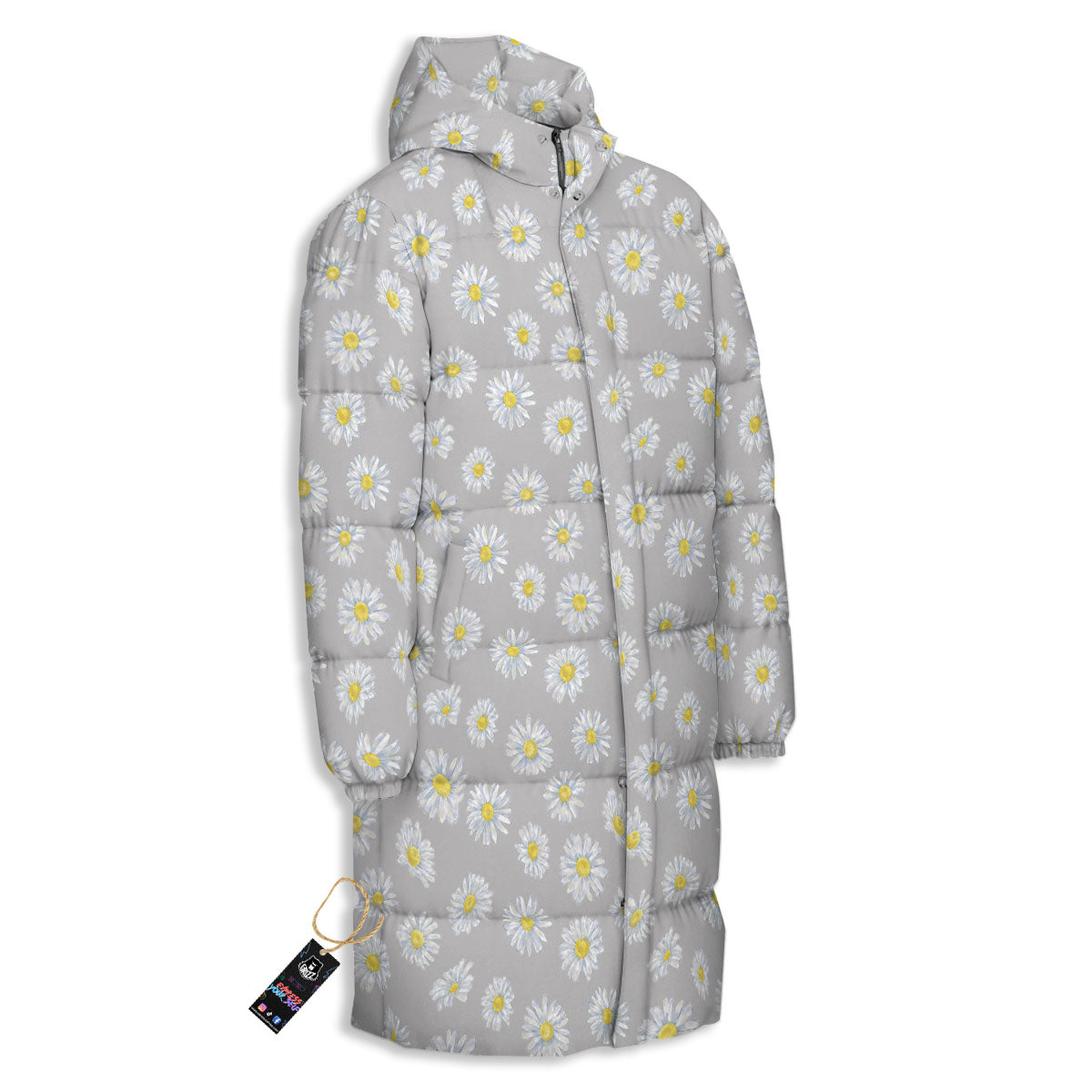 Floral Grey Daisy Print Pattern Long Down Jacket-grizzshop
