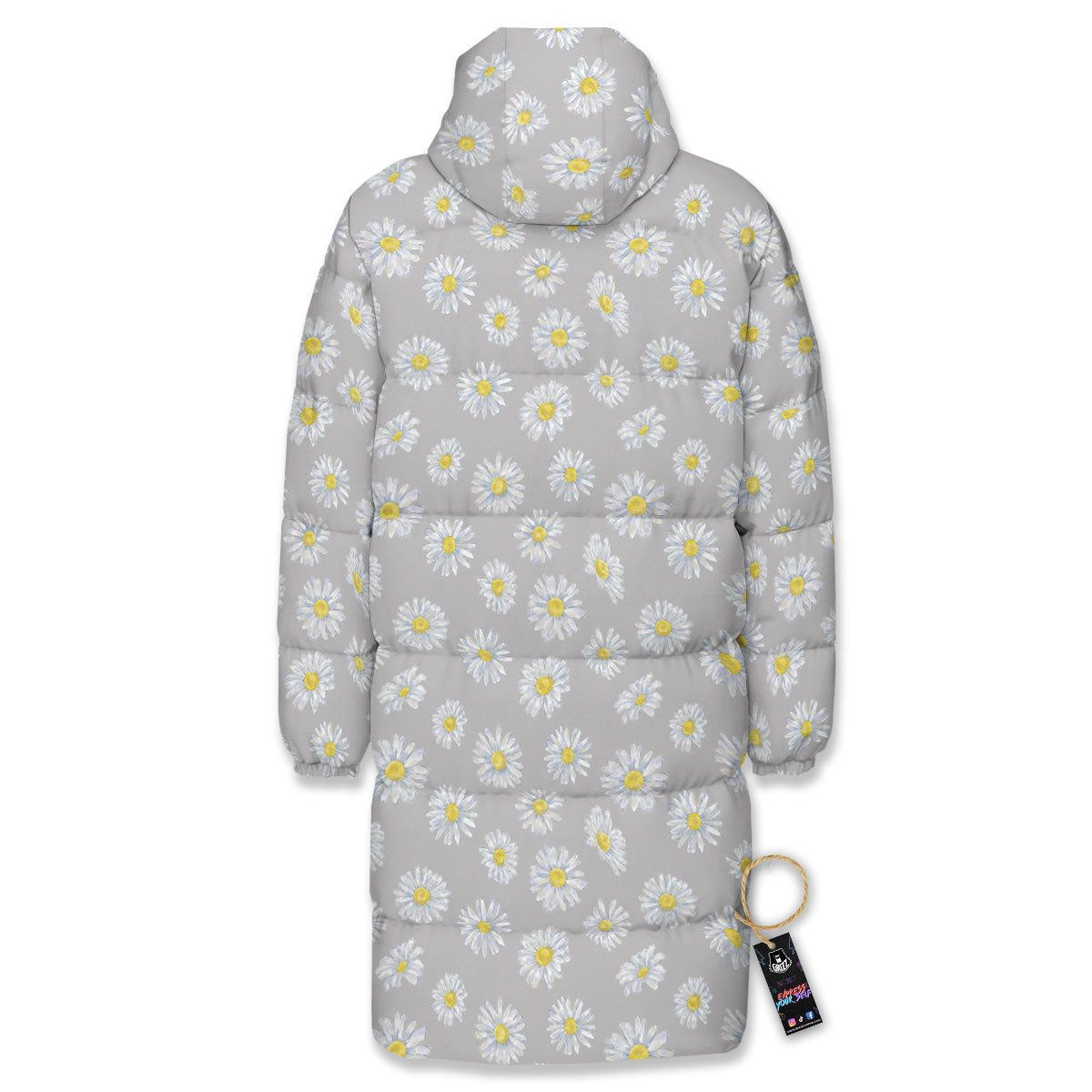 Floral Grey Daisy Print Pattern Long Down Jacket-grizzshop