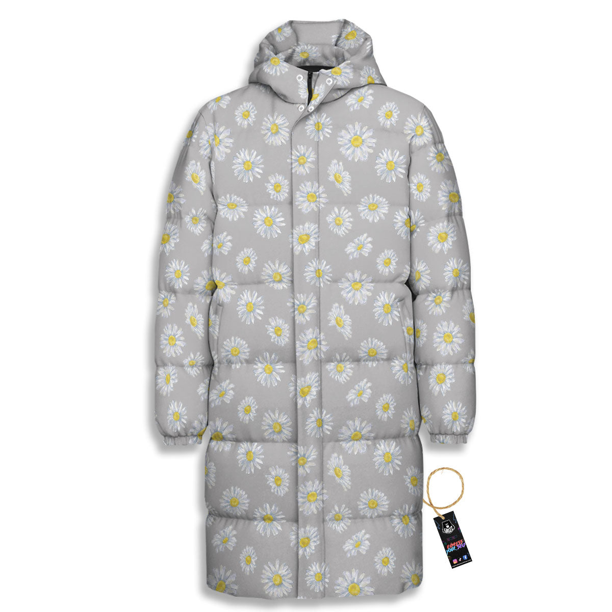 Floral Grey Daisy Print Pattern Long Down Jacket-grizzshop