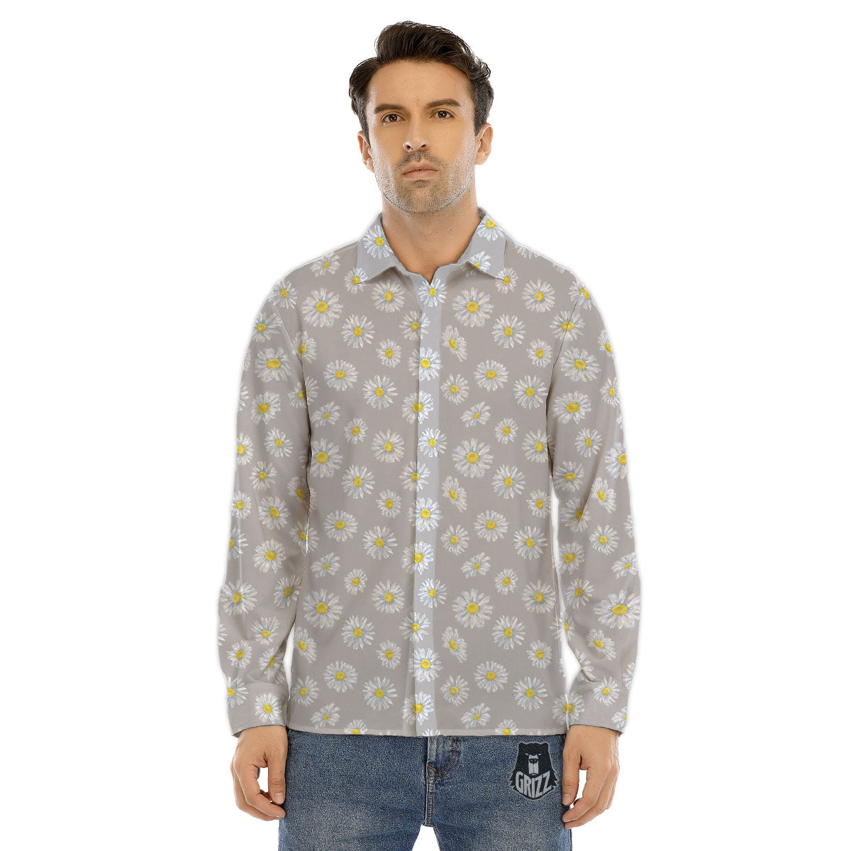 Floral Grey Daisy Print Pattern Men's Dress Shirts-grizzshop