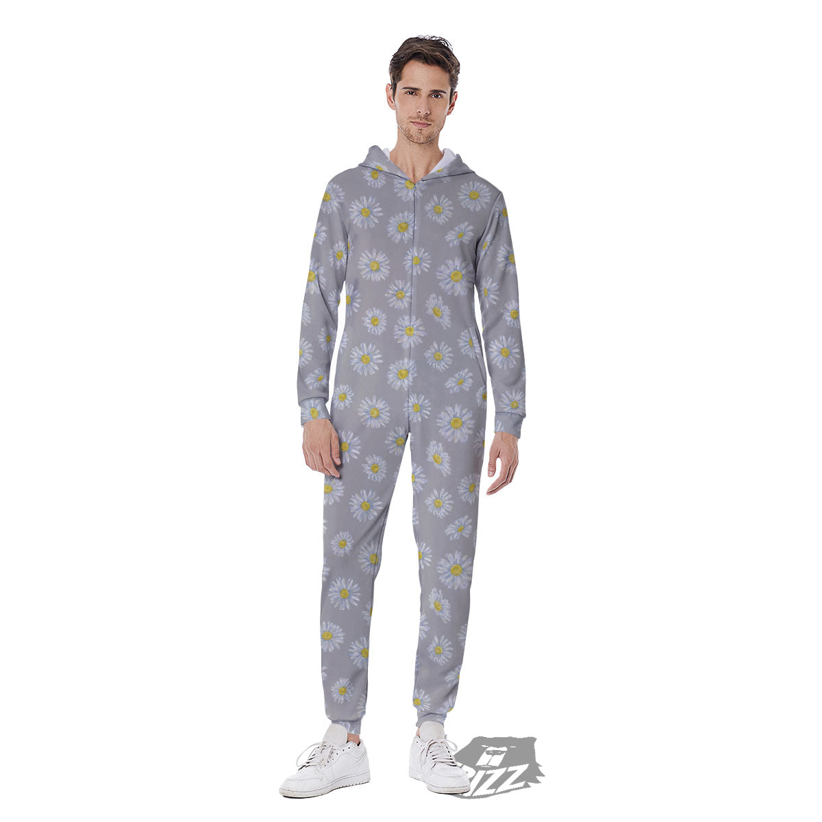 Floral Grey Daisy Print Pattern Men's Jumpsuit-grizzshop