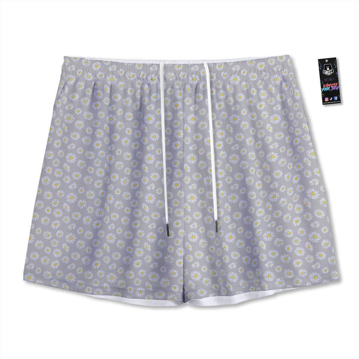 Floral Grey Daisy Print Pattern Mesh Shorts