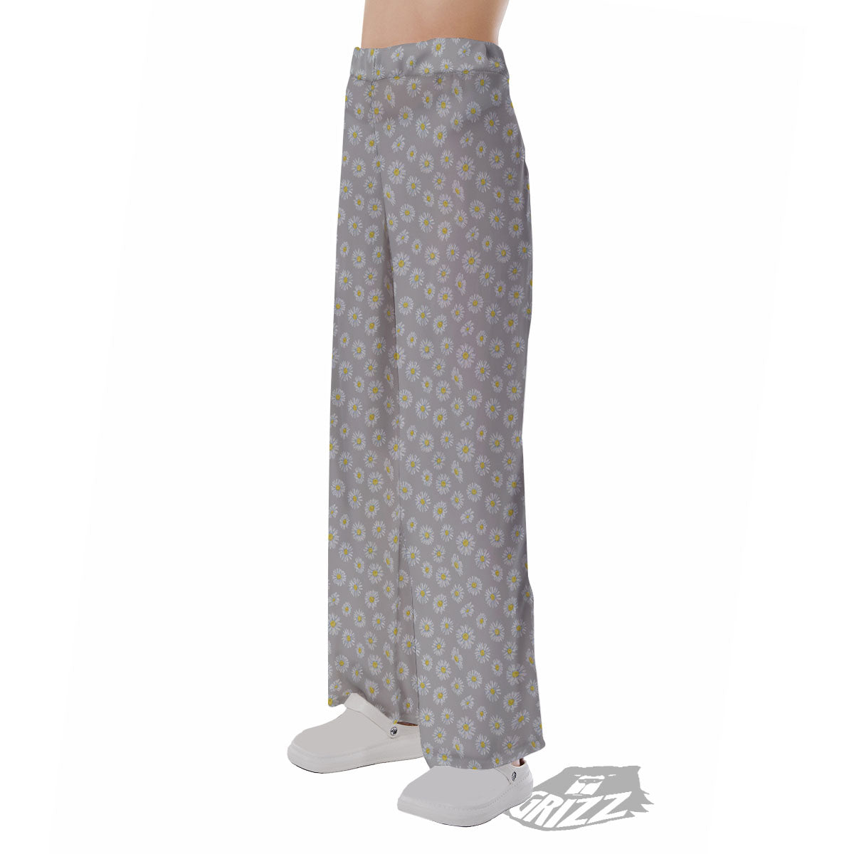 Floral Grey Daisy Print Pattern Pajama Pants-grizzshop