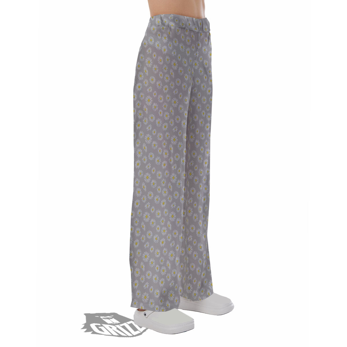 Floral Grey Daisy Print Pattern Pajama Pants-grizzshop