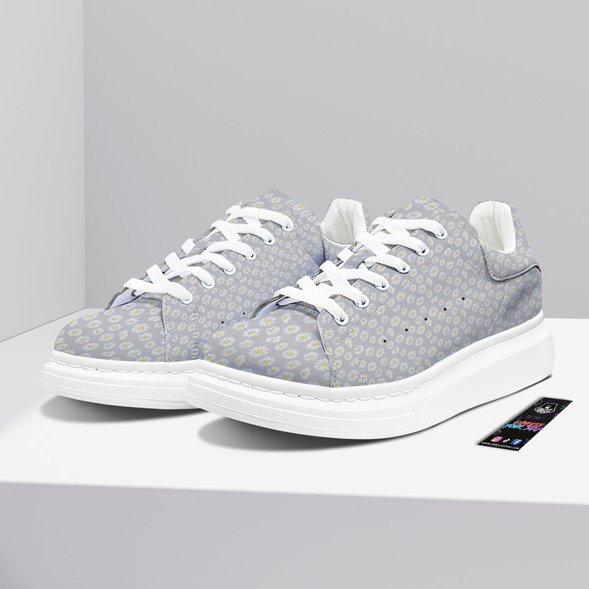 Floral Grey Daisy Print Pattern Platform Shoes-grizzshop