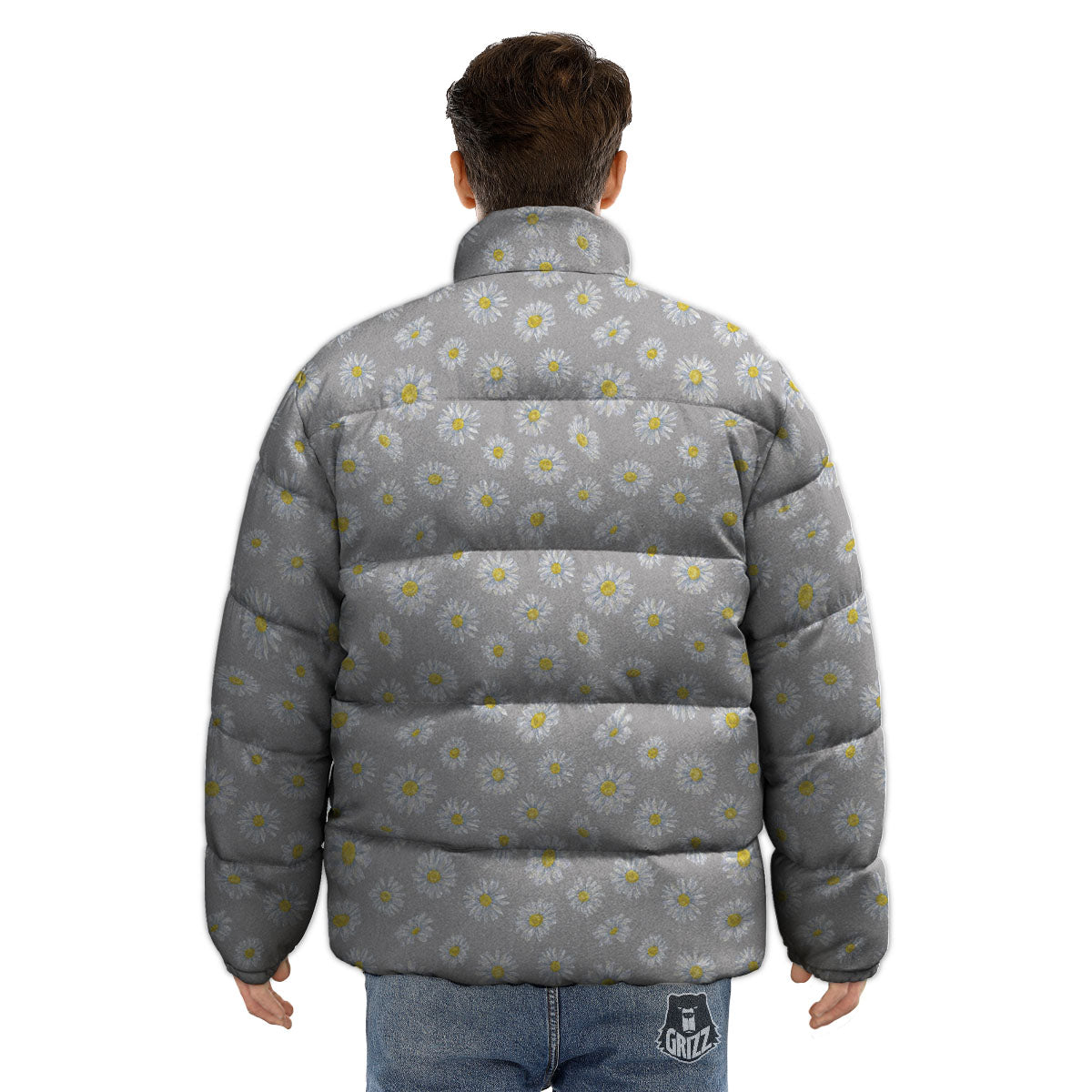Floral Grey Daisy Print Pattern Puffer Jacket-grizzshop