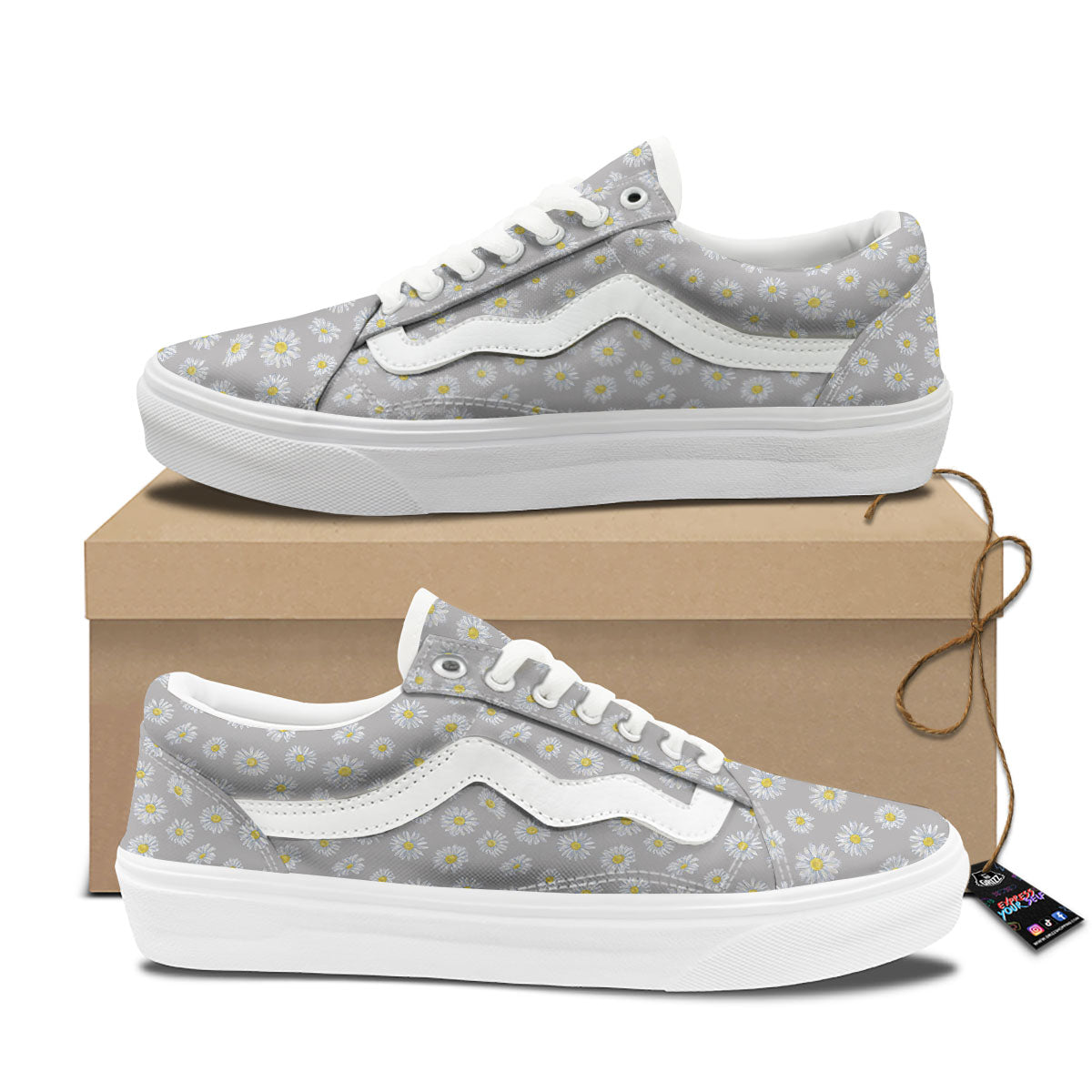 Floral Grey Daisy Print Pattern Skate Shoes-grizzshop