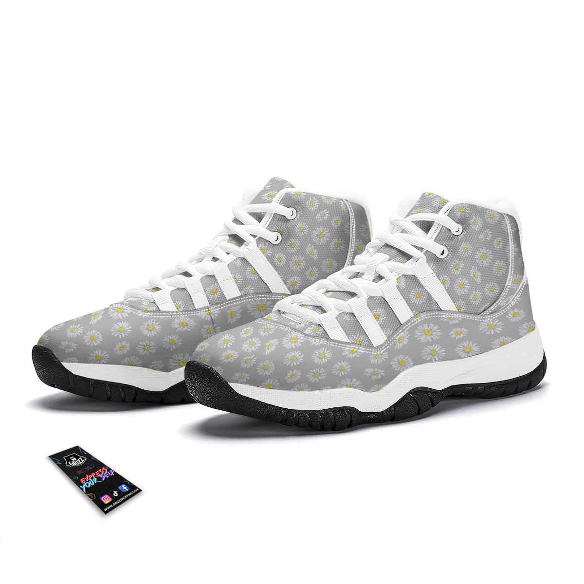 Floral Grey Daisy Print Pattern White Bball Shoes-grizzshop