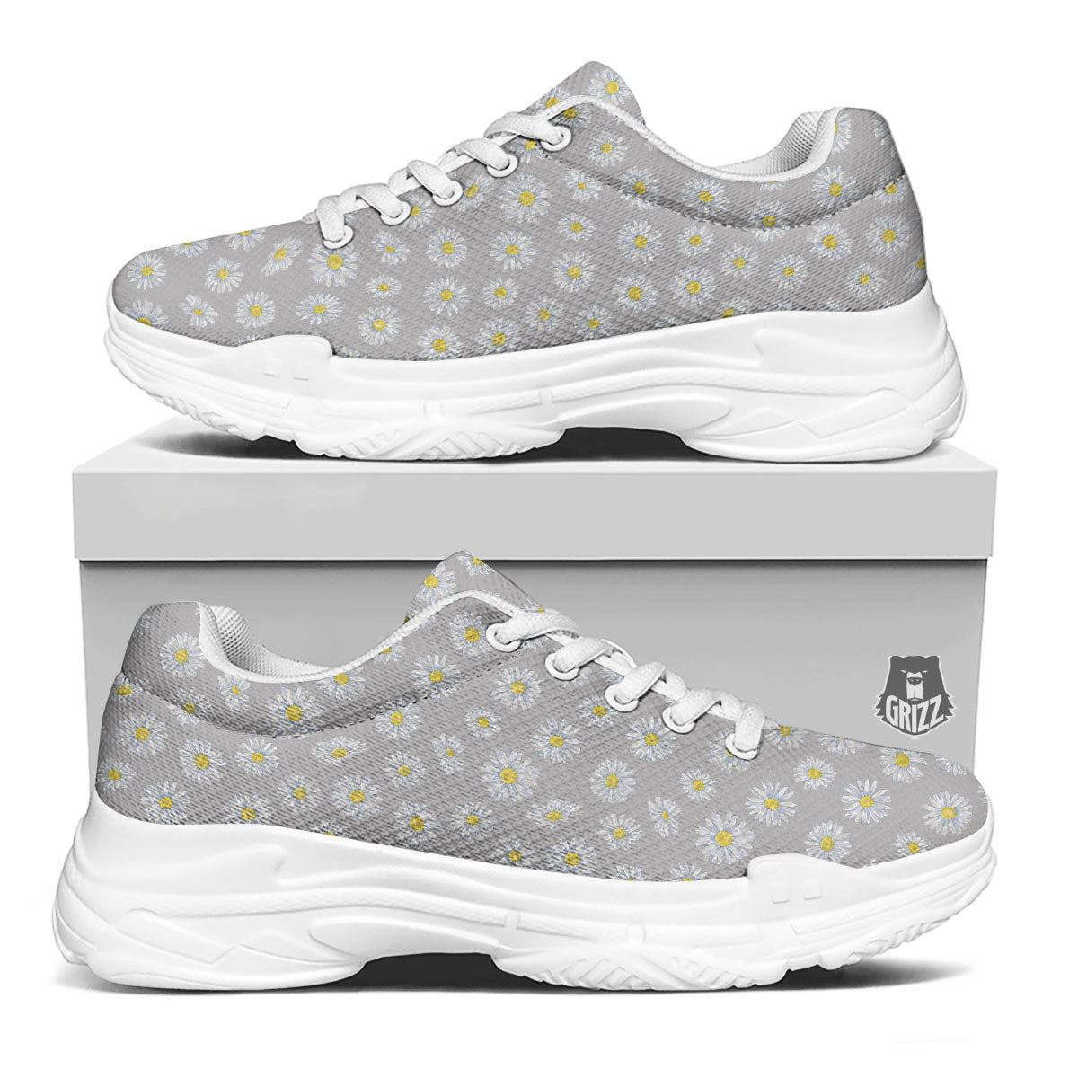 Floral Grey Daisy Print Pattern White Chunky Shoes-grizzshop