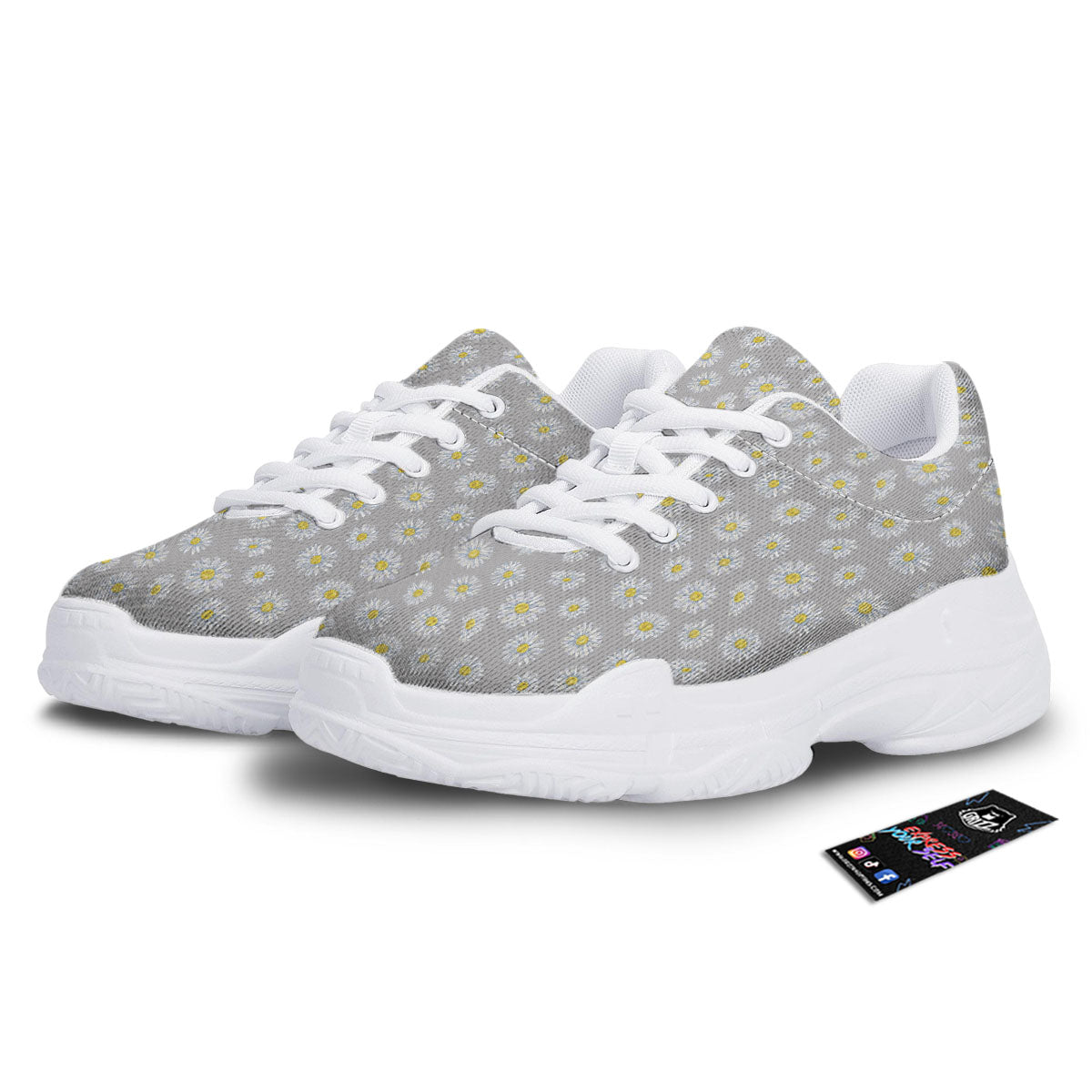 Floral Grey Daisy Print Pattern White Chunky Shoes-grizzshop