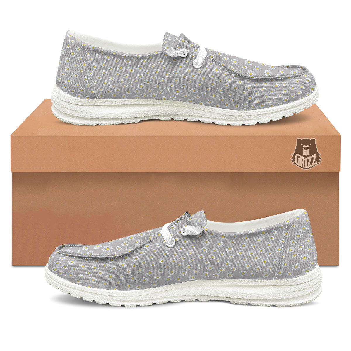 Floral Grey Daisy Print Pattern White Loafers-grizzshop
