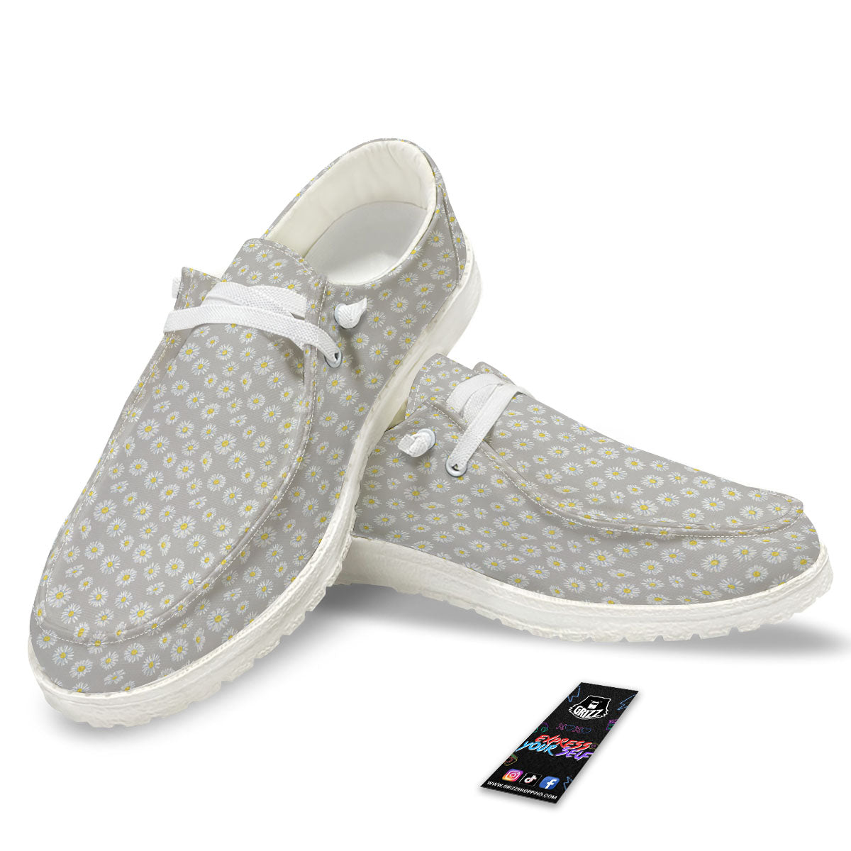 Floral Grey Daisy Print Pattern White Loafers-grizzshop