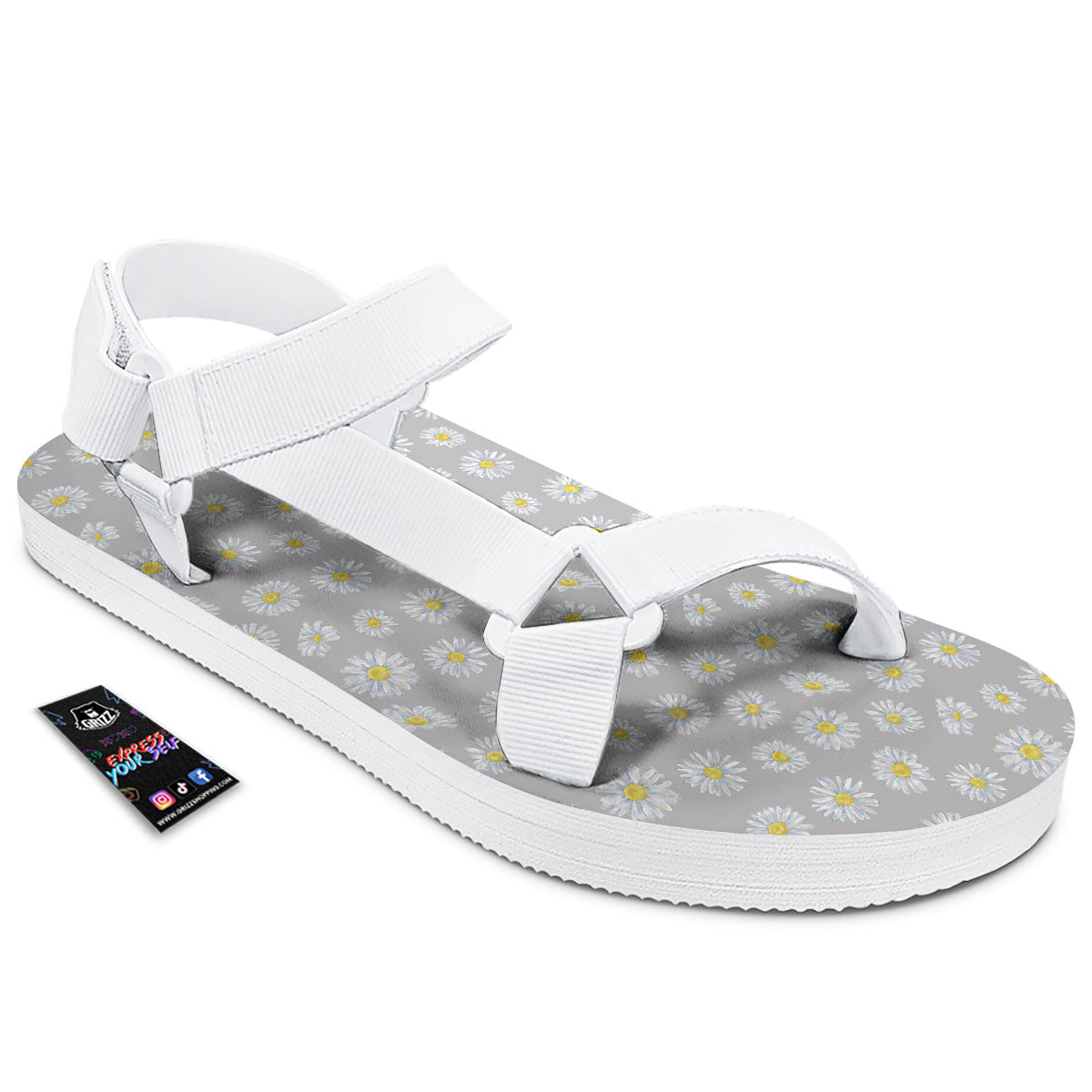 Floral Grey Daisy Print Pattern White Open Toe Sandals-grizzshop