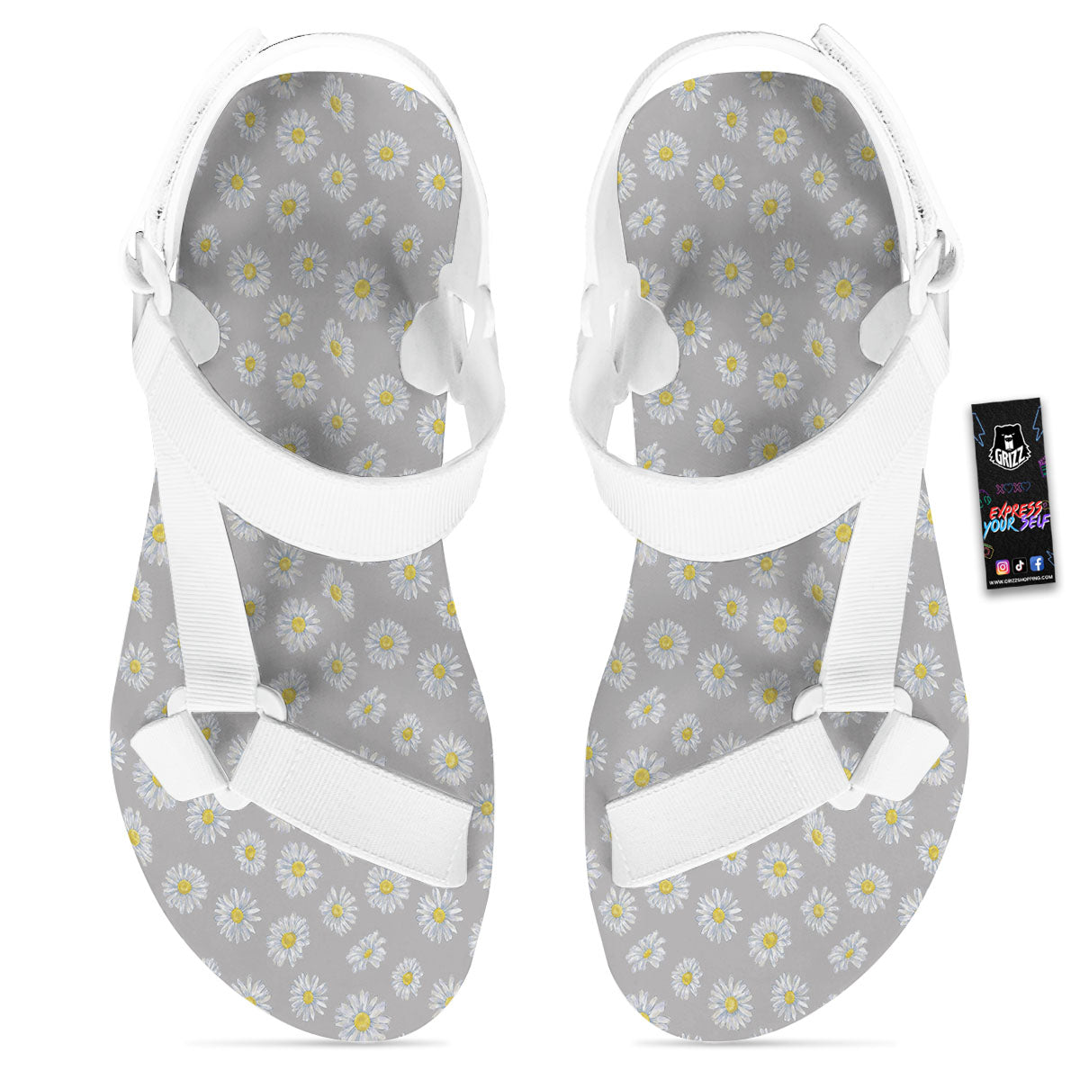 Floral Grey Daisy Print Pattern White Open Toe Sandals-grizzshop