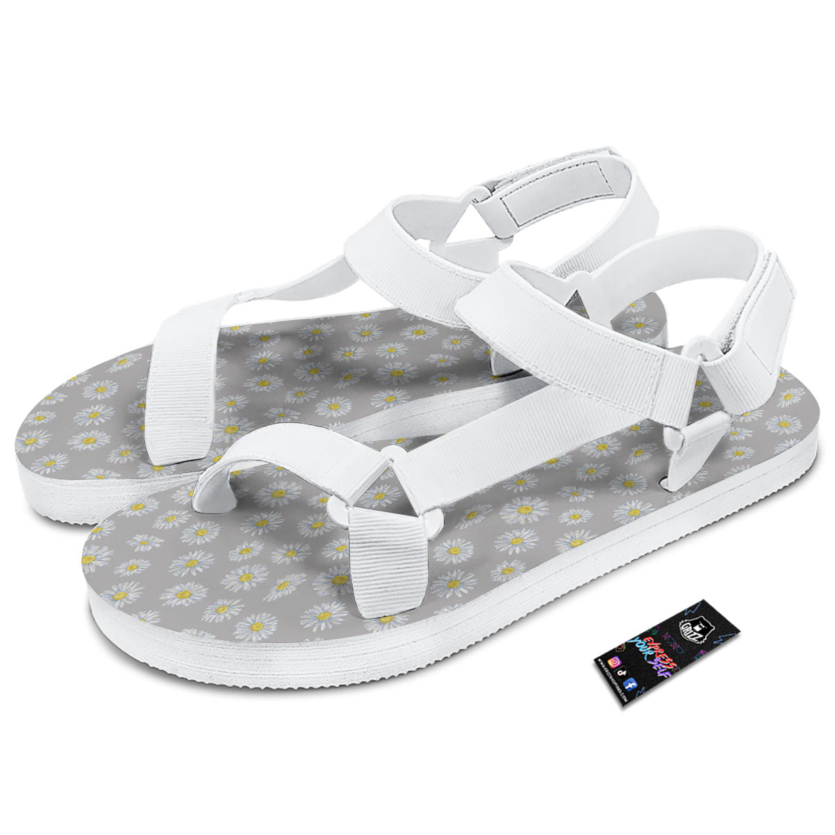 Floral Grey Daisy Print Pattern White Open Toe Sandals-grizzshop