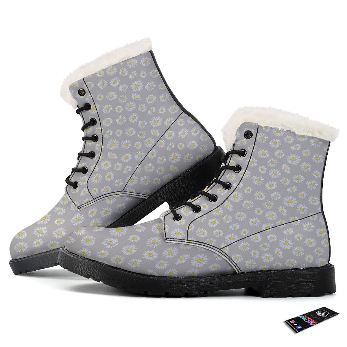 Floral Grey Daisy Print Pattern Winter Boots-grizzshop