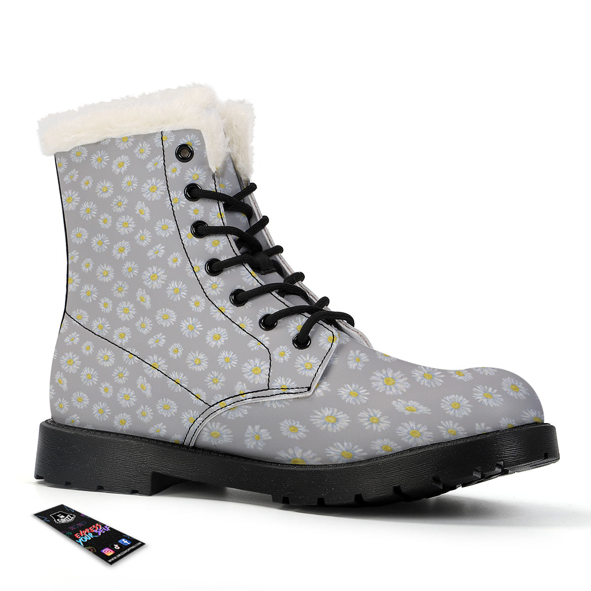 Floral Grey Daisy Print Pattern Winter Boots-grizzshop