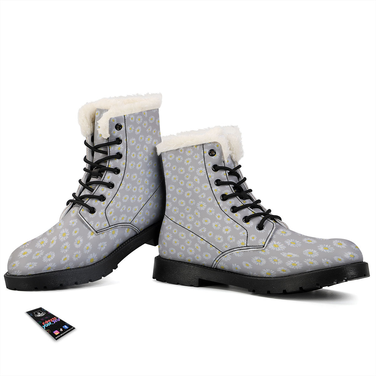 Floral Grey Daisy Print Pattern Winter Boots-grizzshop
