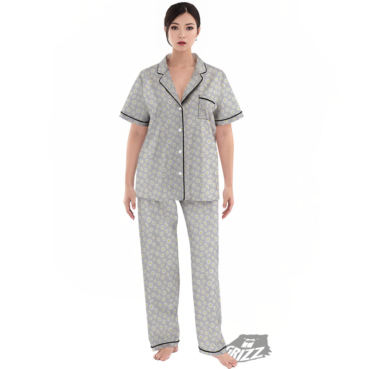 Floral Grey Daisy Print Pattern Women's Pajamas Set-grizzshop