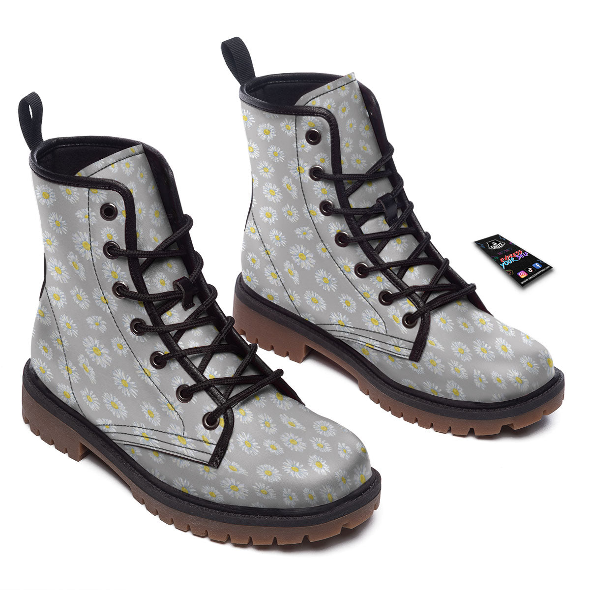 Floral Grey Daisy Print Pattern Work Boots-grizzshop