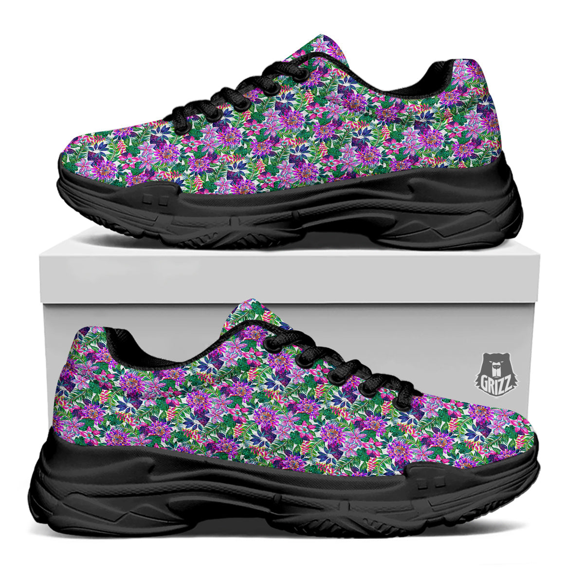 Floral Hawaii Colorful Print Pattern Black Chunky Shoes-grizzshop