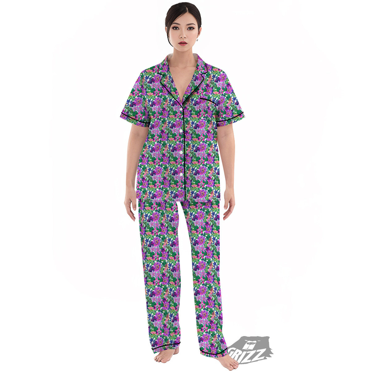 Floral Hawaii Colorful Print Pattern Women's Pajamas Set-grizzshop