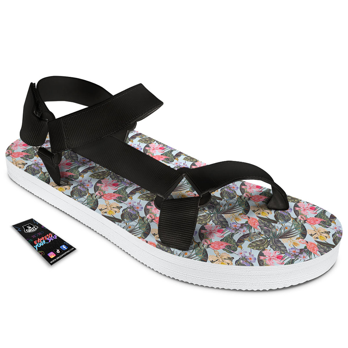 Floral Hawaiian And Flamingo Print Black Open Toe Sandals-grizzshop