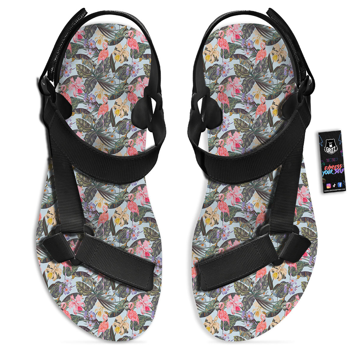 Floral Hawaiian And Flamingo Print Black Open Toe Sandals-grizzshop
