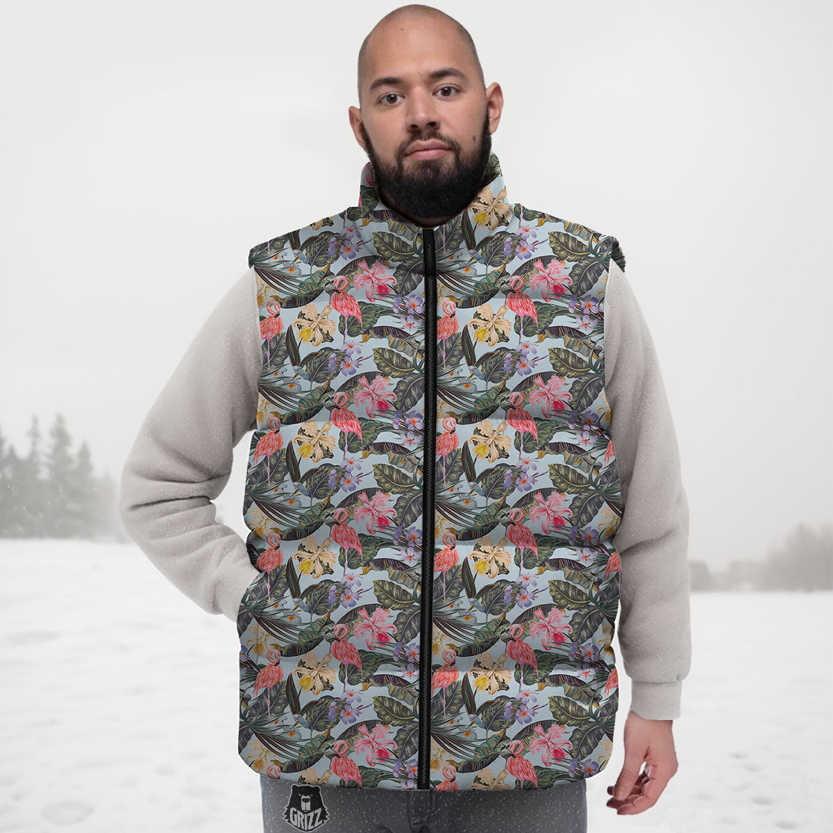 Floral Hawaiian And Flamingo Print Down Vest