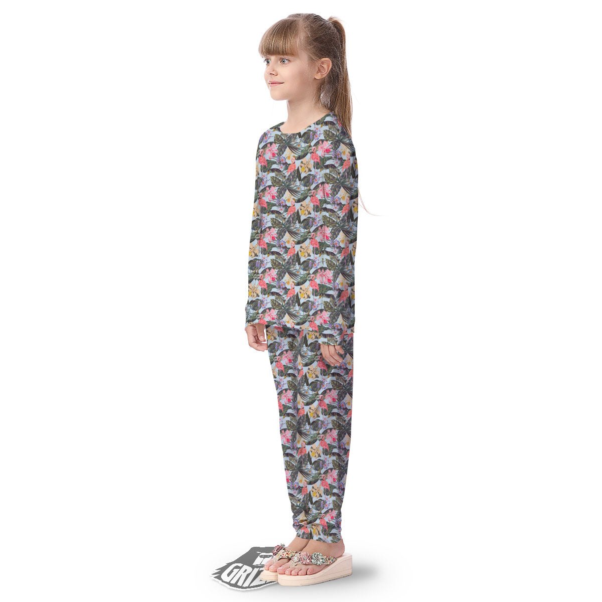 Floral Hawaiian And Flamingo Print Kid's Pajamas-grizzshop