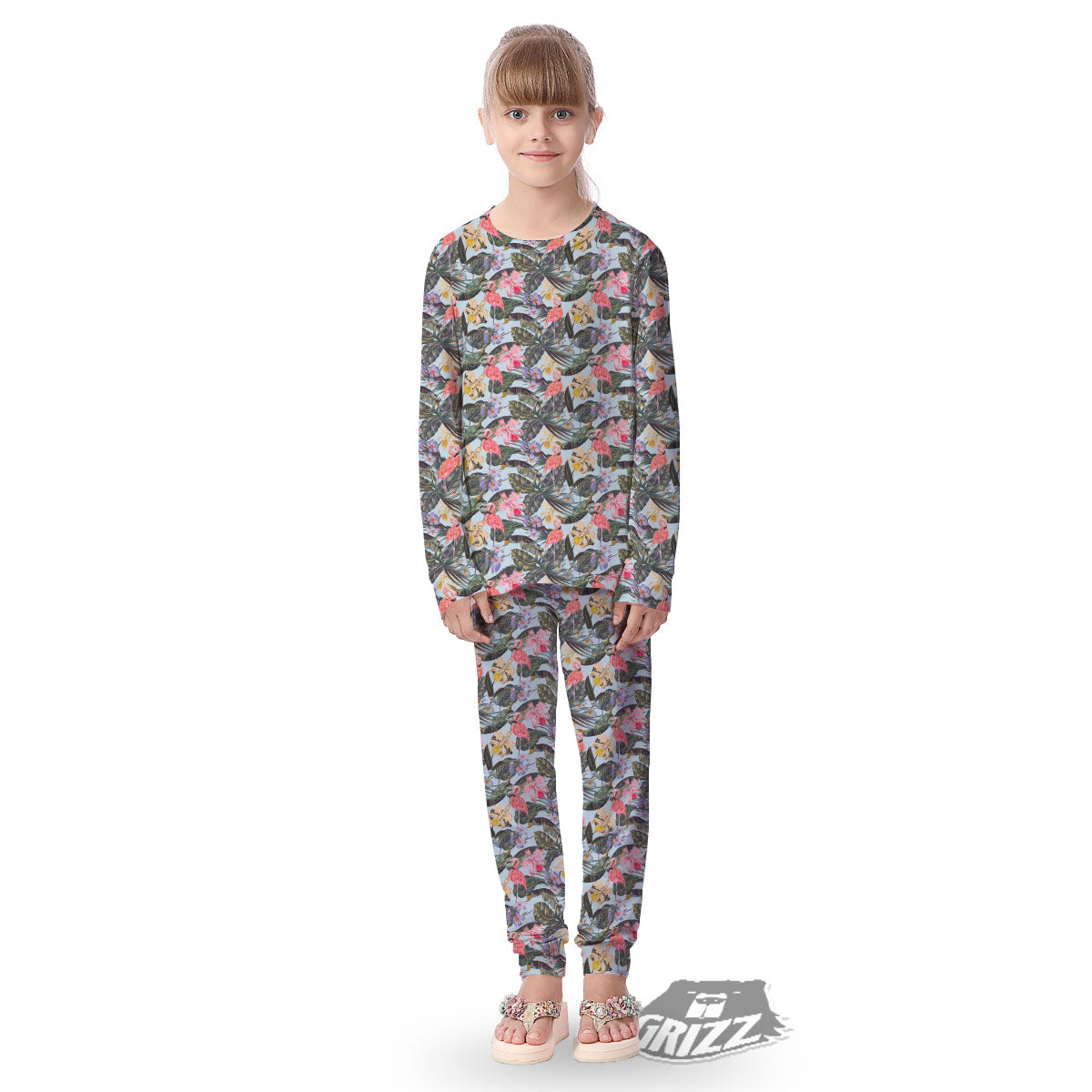 Floral Hawaiian And Flamingo Print Kid's Pajamas-grizzshop