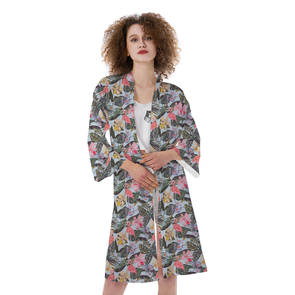 Floral Hawaiian And Flamingo Print Kimono-grizzshop