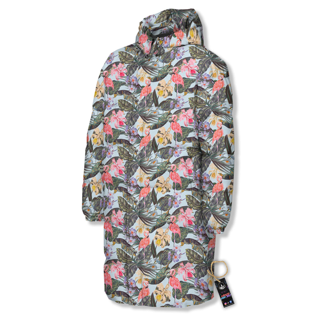 Floral Hawaiian And Flamingo Print Long Down Jacket-grizzshop