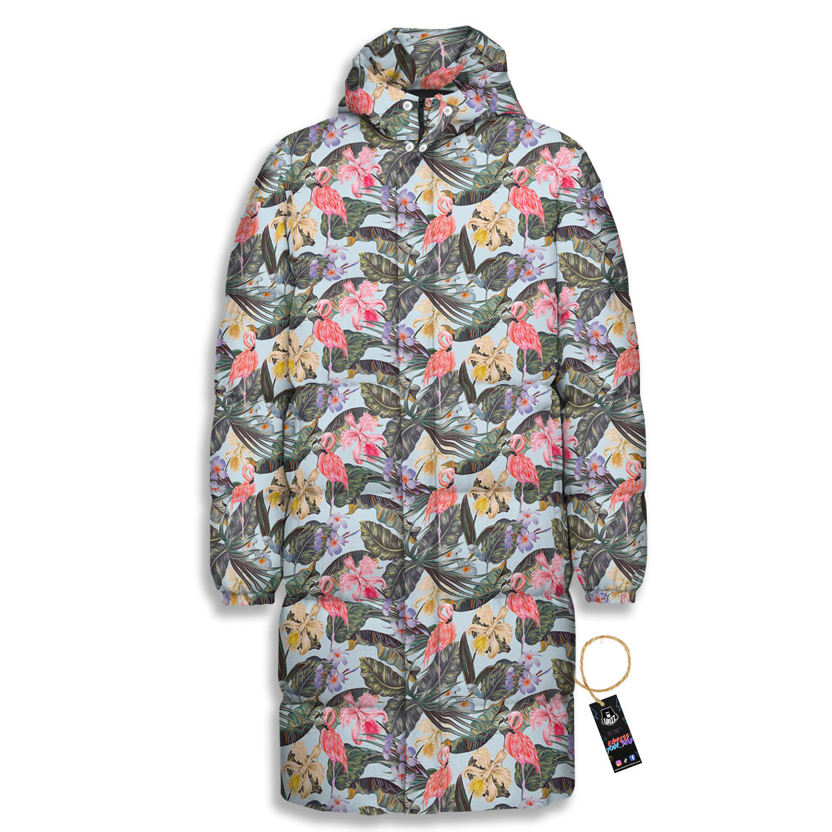 Floral Hawaiian And Flamingo Print Long Down Jacket-grizzshop
