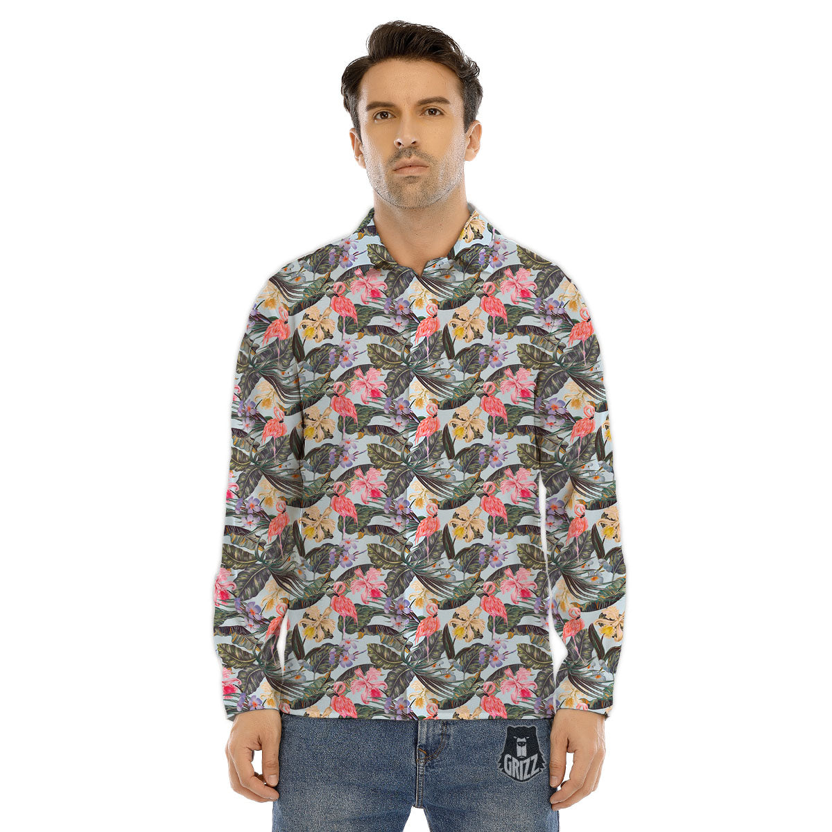 Floral Hawaiian And Flamingo Print Men's Dress Shirts-grizzshop