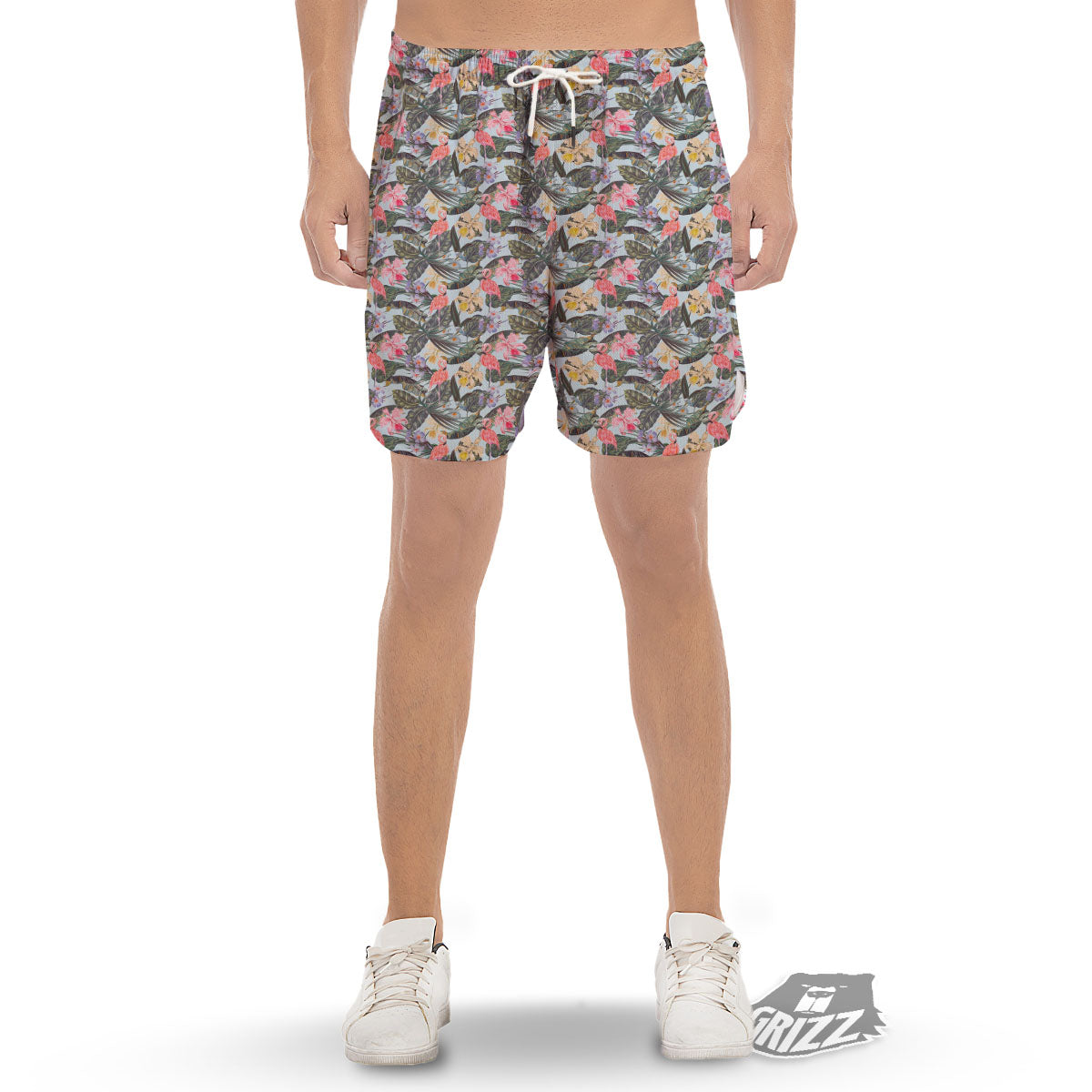 Floral Hawaiian And Flamingo Print Men's Gym Shorts-grizzshop