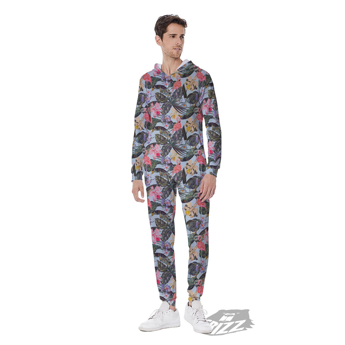 Floral Hawaiian And Flamingo Print Men's Jumpsuit-grizzshop