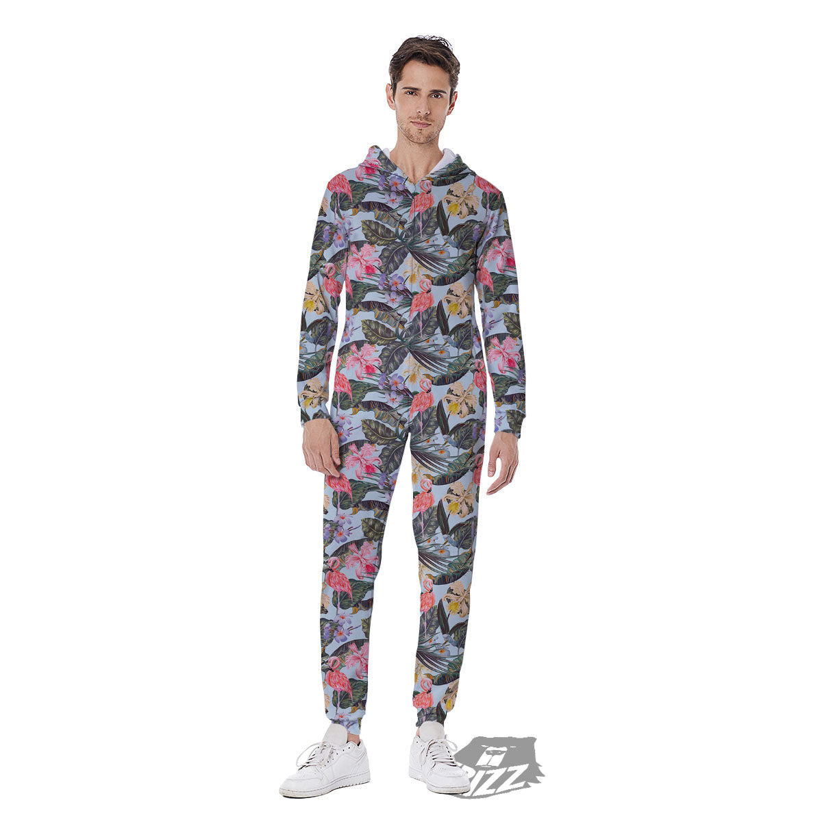 Floral Hawaiian And Flamingo Print Men's Jumpsuit-grizzshop