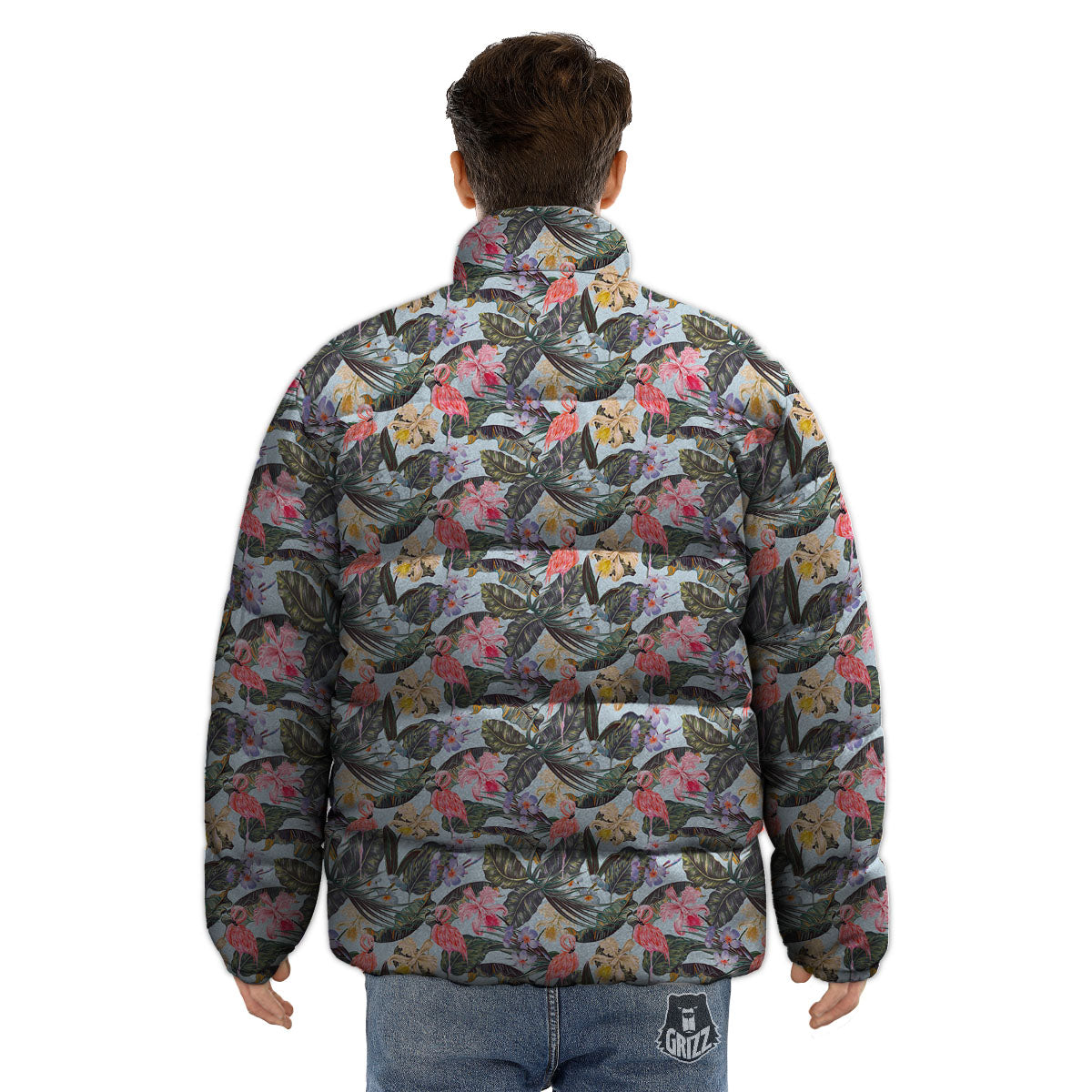 Floral Hawaiian And Flamingo Print Puffer Jacket-grizzshop