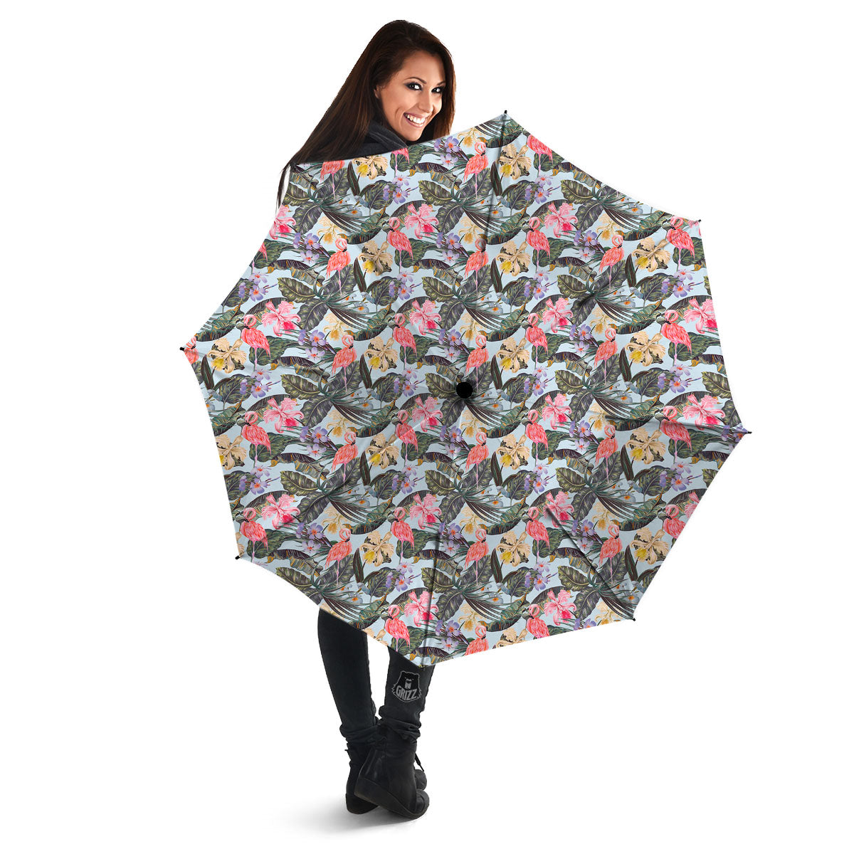 Floral Hawaiian And Flamingo Print Umbrella-grizzshop