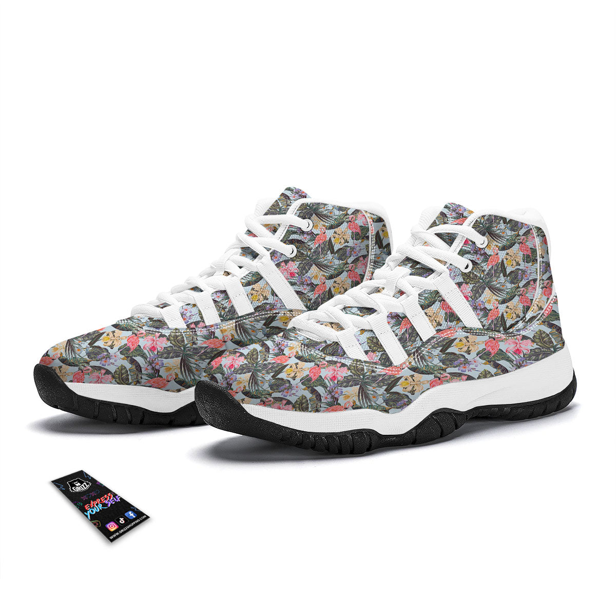 Floral Hawaiian And Flamingo Print White Bball Shoes-grizzshop