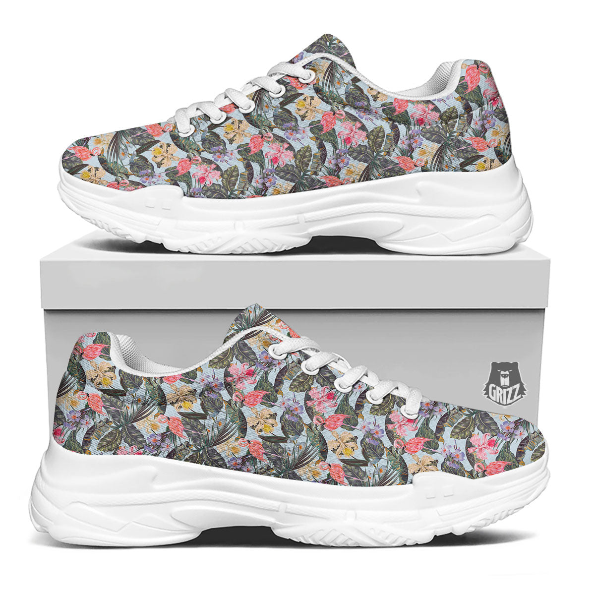 Floral Hawaiian And Flamingo Print White Chunky Shoes-grizzshop