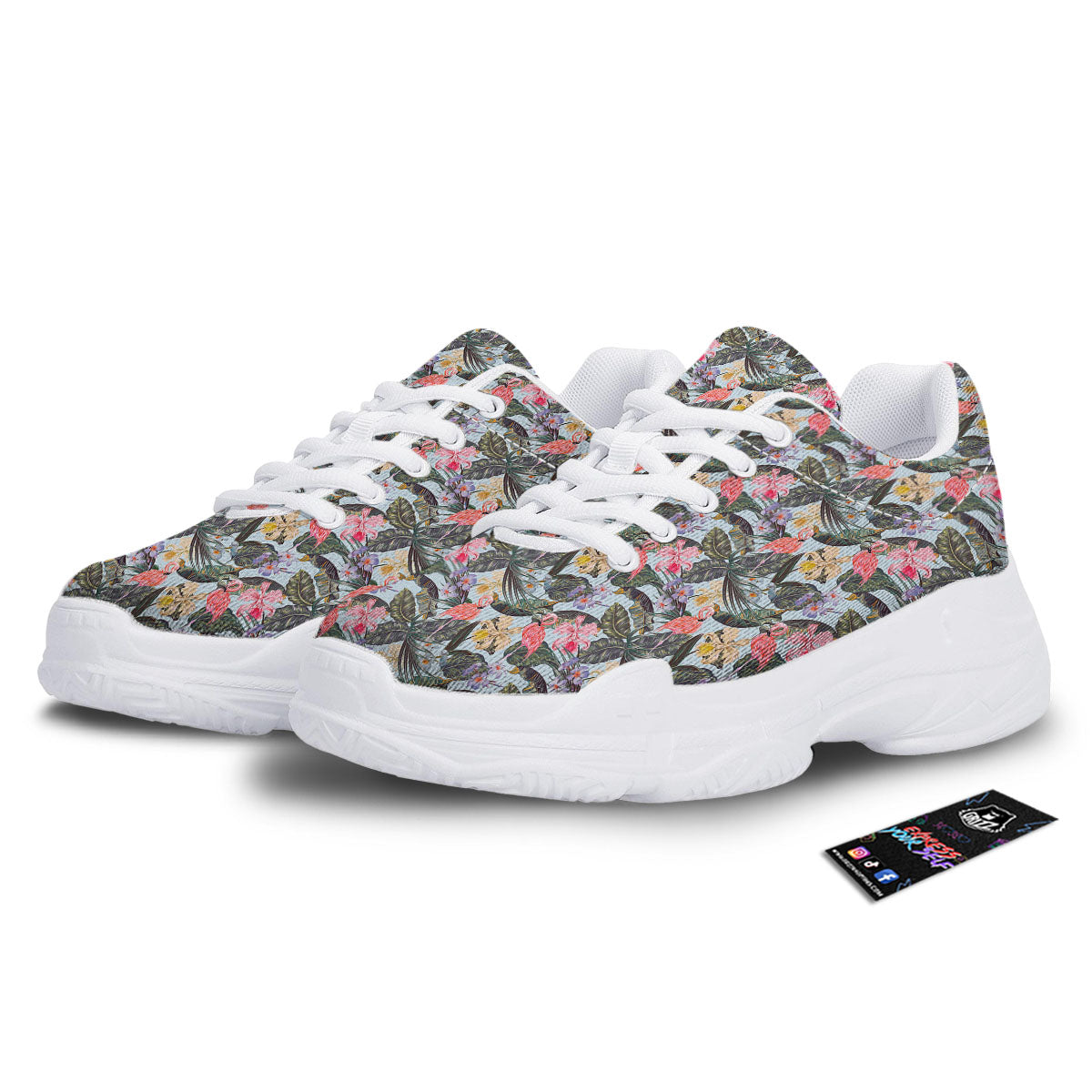 Floral Hawaiian And Flamingo Print White Chunky Shoes-grizzshop