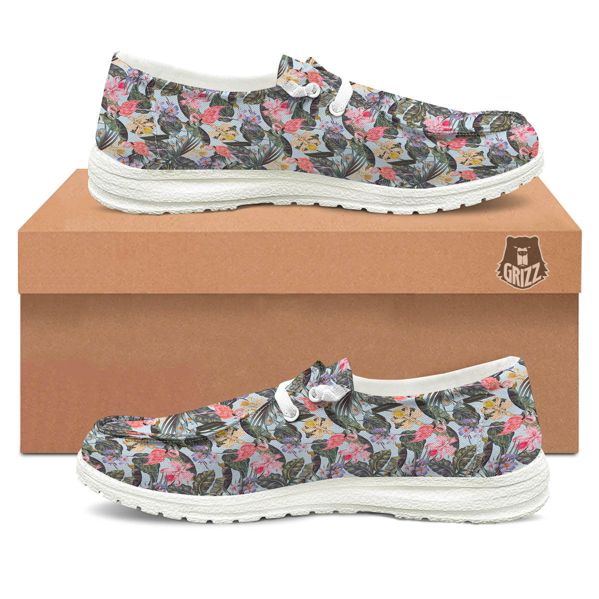Floral Hawaiian And Flamingo Print White Loafers-grizzshop