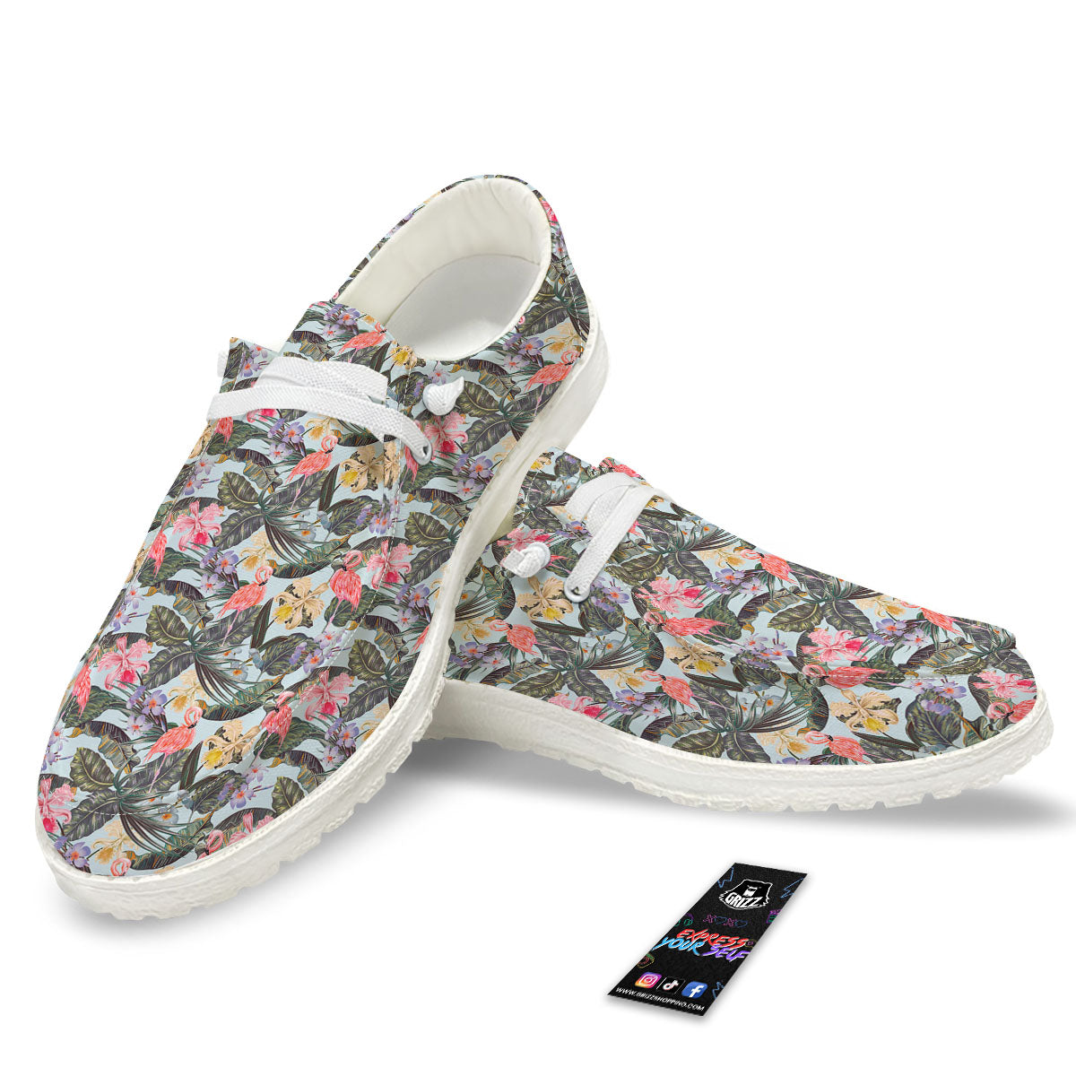 Floral Hawaiian And Flamingo Print White Loafers-grizzshop