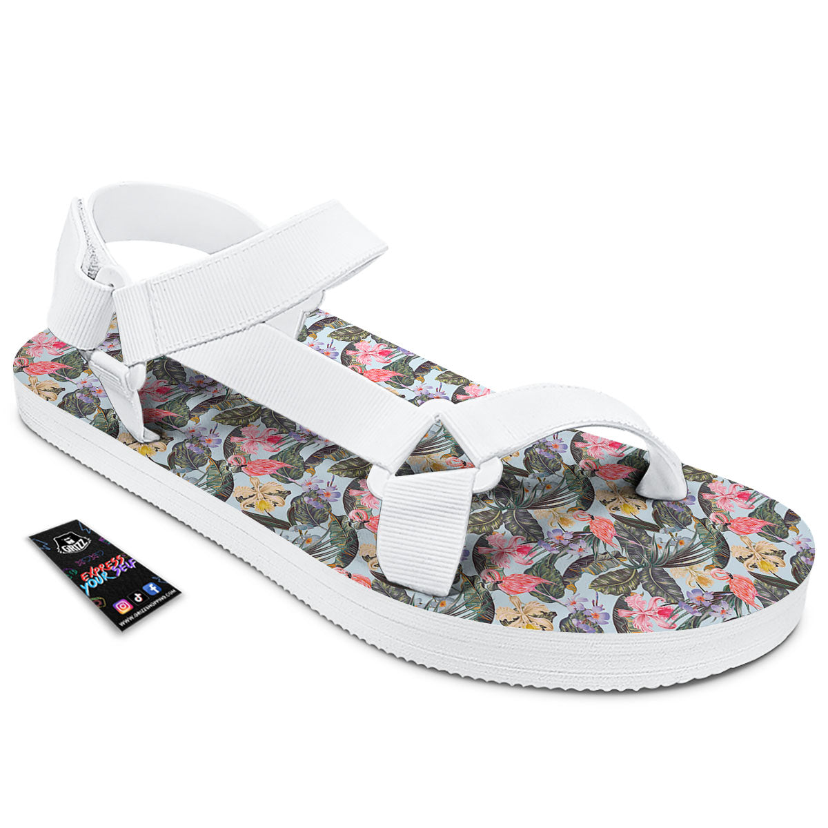 Floral Hawaiian And Flamingo Print White Open Toe Sandals-grizzshop