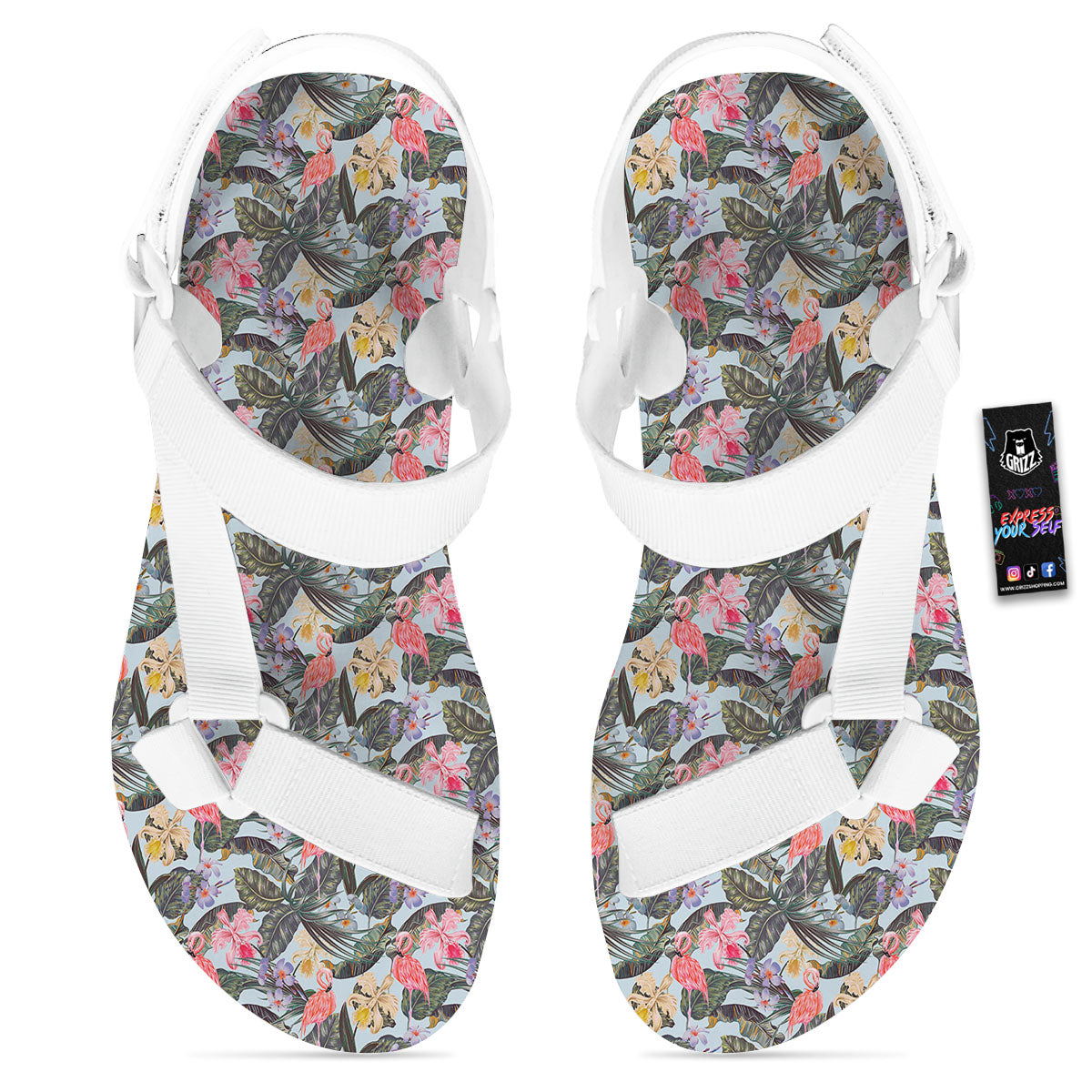 Floral Hawaiian And Flamingo Print White Open Toe Sandals-grizzshop