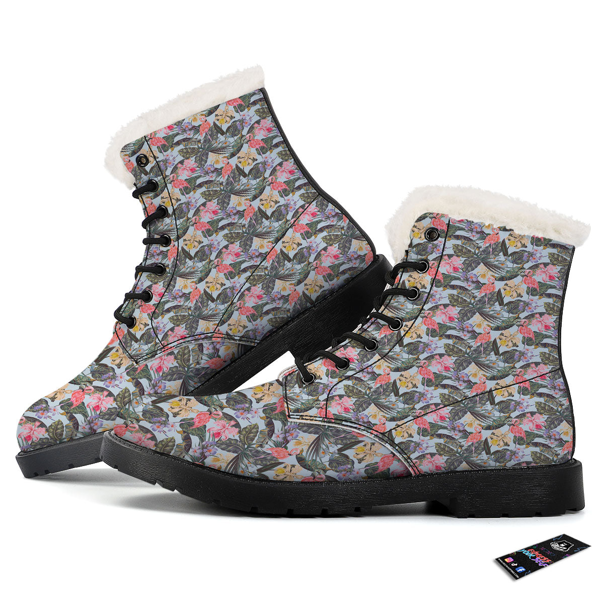 Floral Hawaiian And Flamingo Print Winter Boots-grizzshop