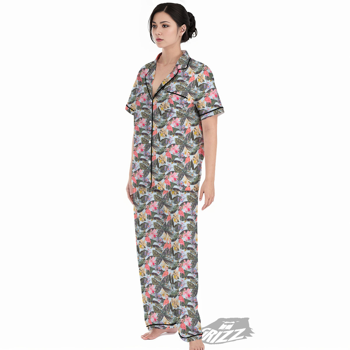Floral Hawaiian And Flamingo Print Women's Pajamas Set-grizzshop