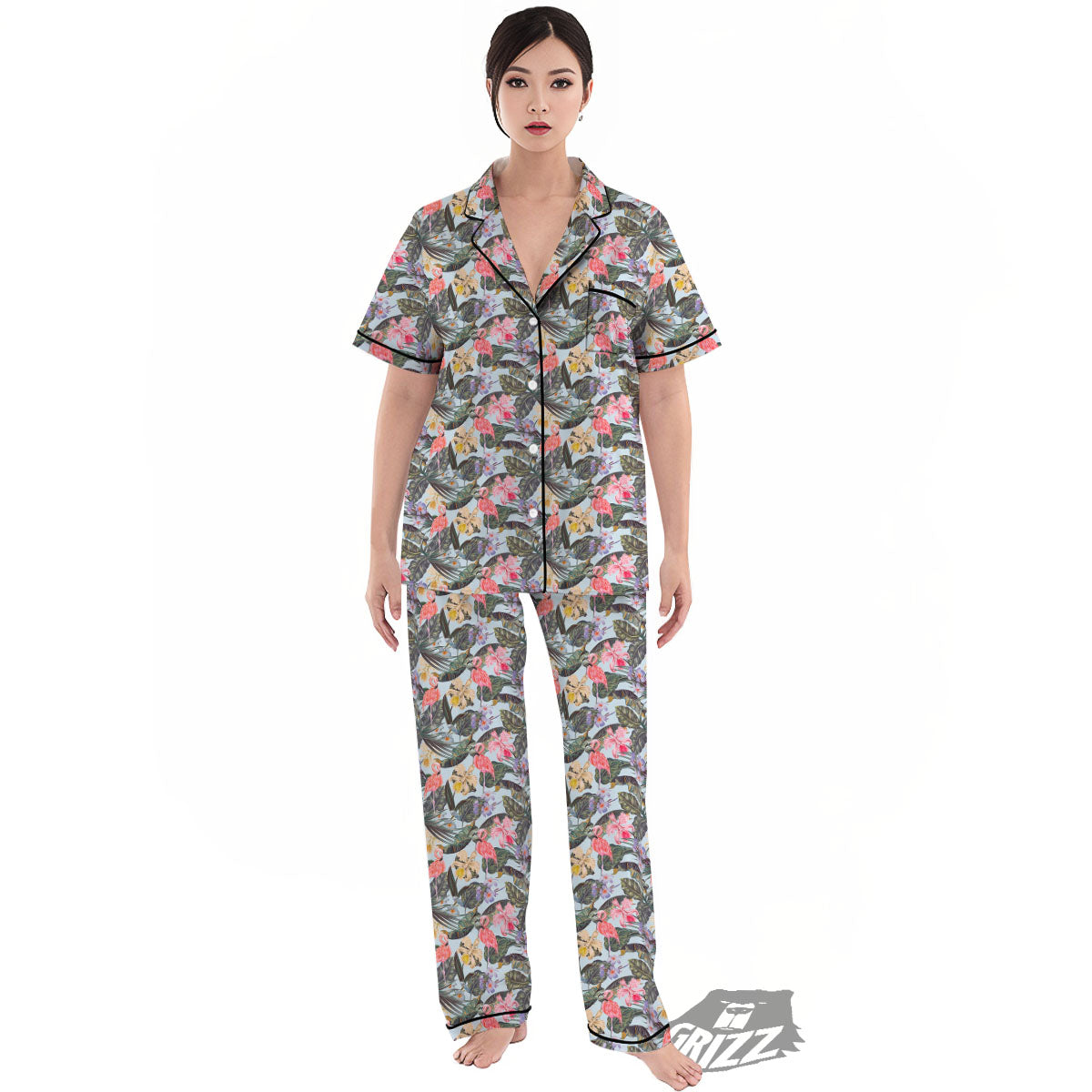 Floral Hawaiian And Flamingo Print Women's Pajamas Set-grizzshop